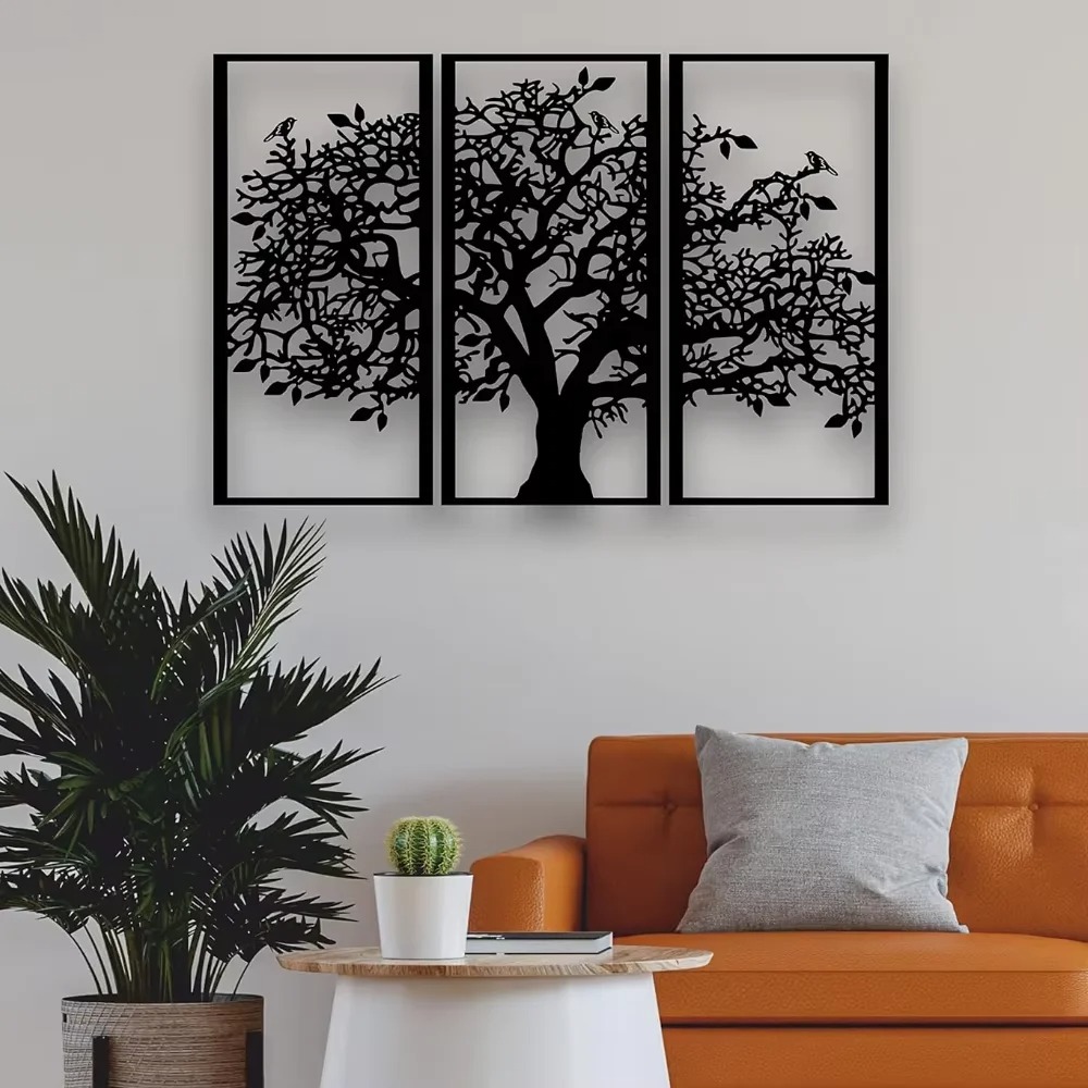 Family Tree Print - 3-delige stamboom metalen wanddecoratie – levensboom